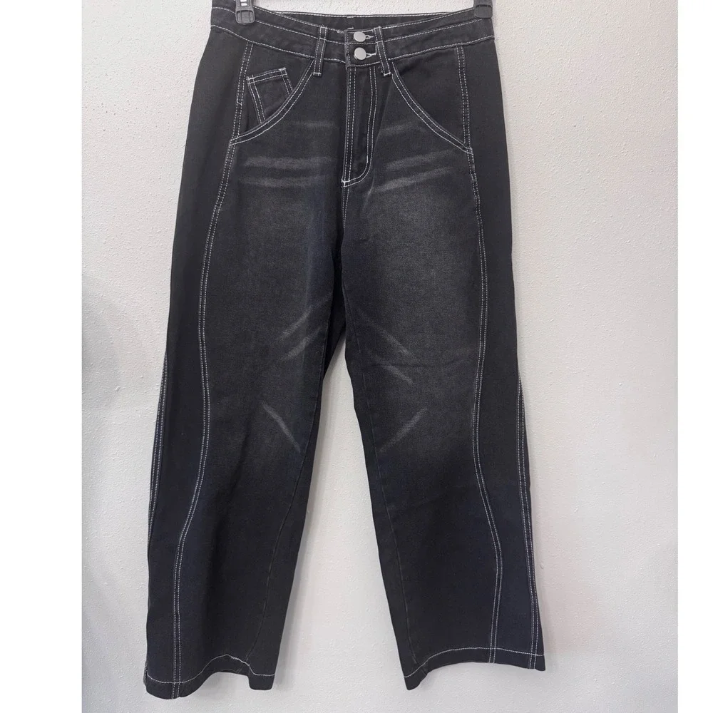 Wide Leg Jeans Womens XS Black High Waisted Denim White Stitch Streetwear grunge